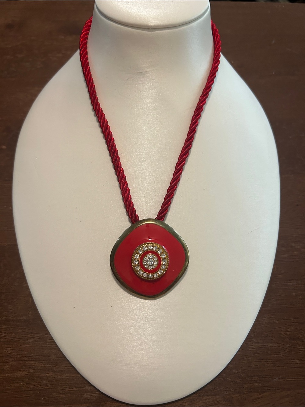 Red Enamel Pendant Necklace with Crystal Halo on Twisted Cord